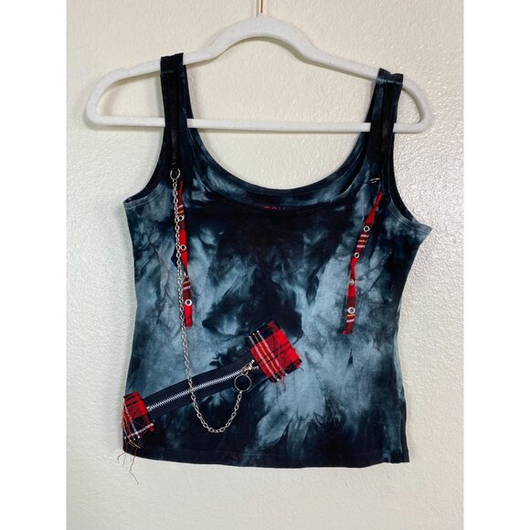 Soye Tie Dye Tank Top Size Medium Red Plaid Chain Accents Grunge Goth Punk Emo - Picture 9 of 16